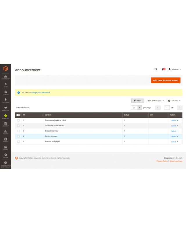 Moduł Kowal Announcement Bar dla Magento - Ogłoszenia i Powiadomienia