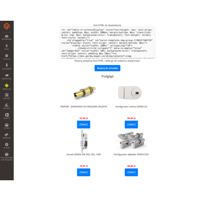 Automatyzacja e-mail marketingu: Moduł generowania ofert produktowych dla Magento 2 i integracja z CNUD.eu - podgląd szablonu w html i kopiowanie