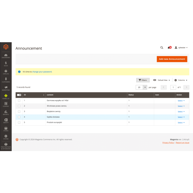 Moduł Kowal Announcement Bar dla Magento - Ogłoszenia i Powiadomienia