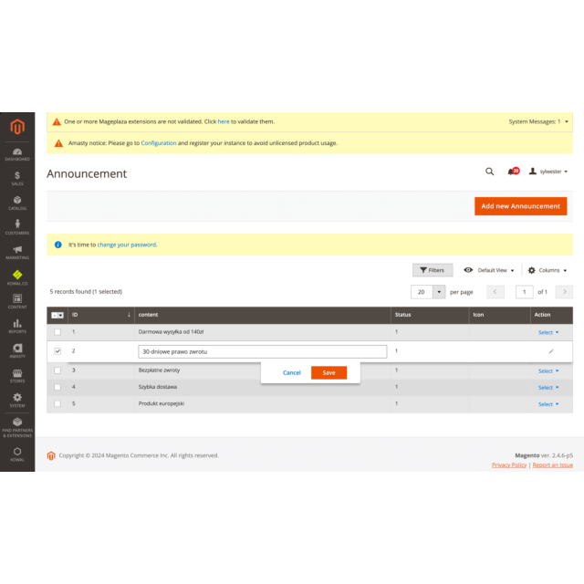 Moduł Kowal Announcement Bar dla Magento - Ogłoszenia i Powiadomienia