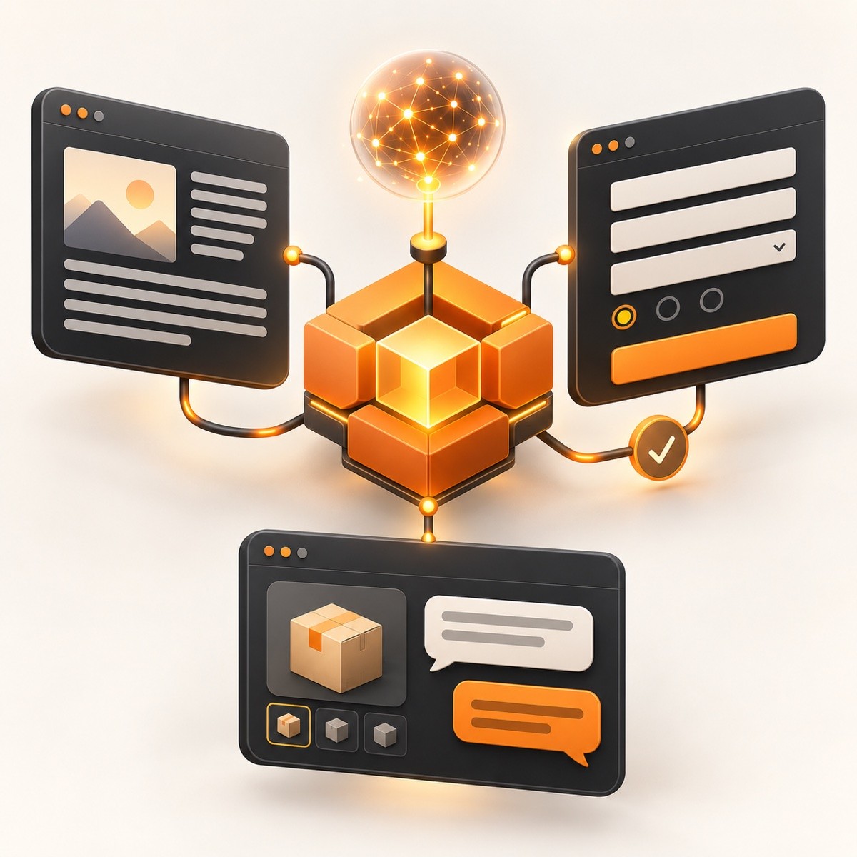 AI połączone przez centralny hub z blogiem, formularzem kontaktowym i pytaniami o produkt w sklepie Magento